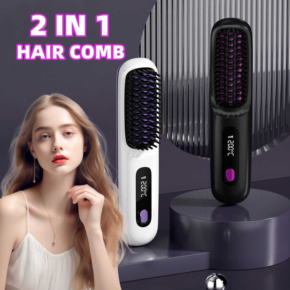 Nuevas traducciones disponibles	  Inglés 2-in-1 Wireless Hair Straightening Brush. Heats up quickly, smooths, and adds shine wherever you are.