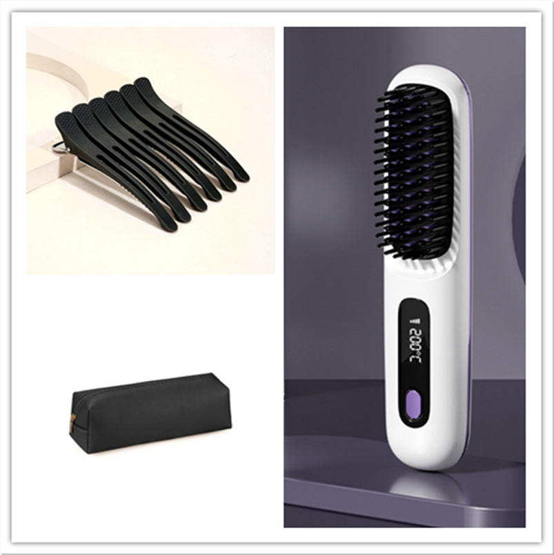 Nuevas traducciones disponibles	  Inglés 2-in-1 Wireless Hair Straightening Brush. Heats up quickly, smooths, and adds shine wherever you are.