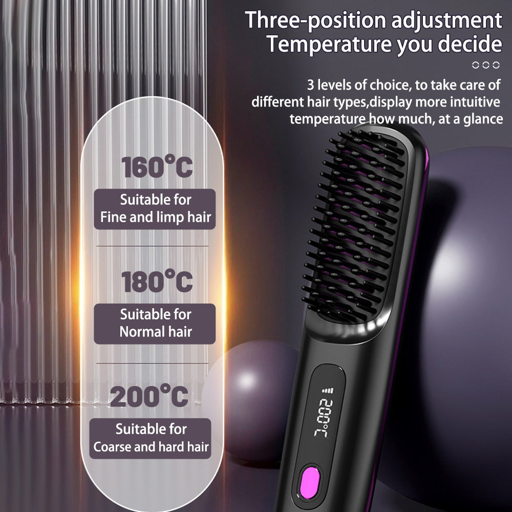 Nuevas traducciones disponibles	  Inglés 2-in-1 Wireless Hair Straightening Brush. Heats up quickly, smooths, and adds shine wherever you are.